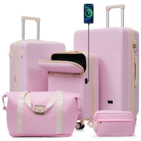 Luggage Sets 5 Piece with Half-opening, Hardside Carry On Suitcase Set with Double Spinner Wheel, Lightweight Travel Luggage with USB Port,TSA Lo