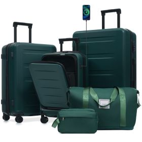 Luggage Sets 5 Piece with Front Opening, Hardside Expandable Carry On Suitcase Set with Double Spinner Wheel, Lightweight Travel Luggage with USB