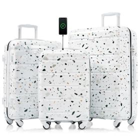 Luggage Set of 3, 20-inch with USB Port, Airline Certified Carry-on Luggage , ABS+PC Hard Shell Luggage with Spinner Wheels,starry sky white