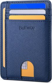 Slim Front Pocket RFID Blocking Leather Wallets for Men and Women - Cross Blue