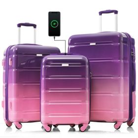 Luggage Set of 3, 20-inch with USB Port, Airline Certified Carry-on Luggage , ABS+PC Hard Shell Luggage with Spinner Wheels,purple and pink