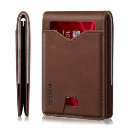 Real Leather Wallet For Men,Slim Bifold Wallet Minimalist Front Pocket Design, RFID Mens Wallet With Money Pocket,ID Window, Hold Up To 11 Cards, (Option: Brown)