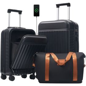 Front Opening Luggage Set 3 Piece, Hardside Carry on Suitcase with USB Port, Expandable Luggage with Handle Bag Spinner Wheels TSA Lock (Color: as Pic)